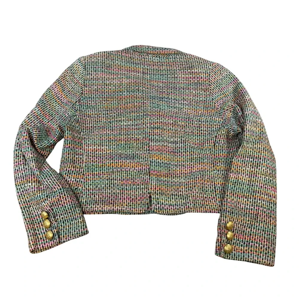 Ann May Womens 100% Silk Rainbow Tweed Cropped Blazer Gold Crest Buttons 10